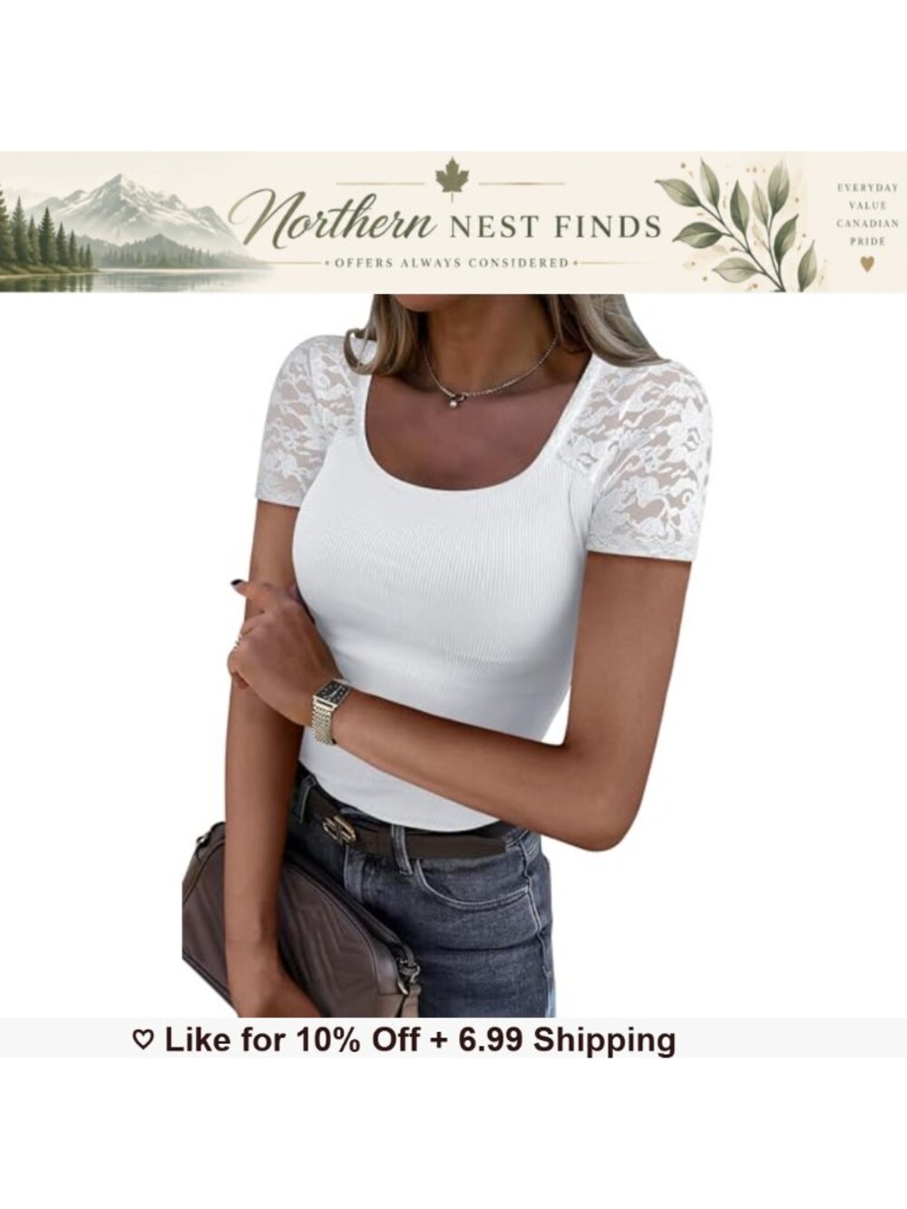 Scoop Neck Lace Short Sleeve Slim Fit Rib Knit Tee Summer Casual Top